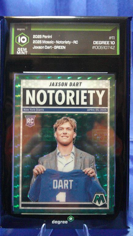 (image for) 2025 panini mosaic notoriety jaxson dart #11 green rookie degree 10